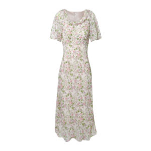 Wang Han Yan Summer Floral Print Chiffon Dress Back Button Strapless Waist Cinched Short Sleeve mid Length X-Shape Gown