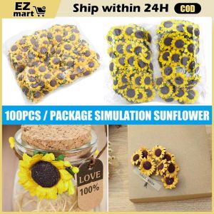 100pcs Mini Artificial Flower Silk Sunflower Head DIY Wreath Scrapbooking Gift Box Yellow Artificial Daisy Head
