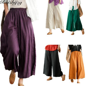 Ruizhijzg ready stock S-5XL Plus Size Womens pocket Cotton Linen Wide Leg Pants Ladies Loose Casual Trousers