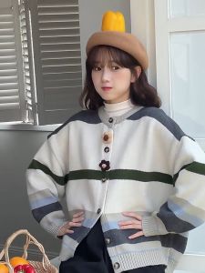 Duohanzi màu tương phản nữ áo len sọc mùa thu Xu Hướng đẫn đầu mùa đông áo khoác áo Cardigan dệt kim
