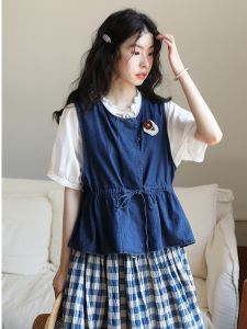 Retro Artistic Forest System Girls Denim Vest Thin Belted Layering Top Summer New Style Waist-Cinching Shoulder Pad Shirt