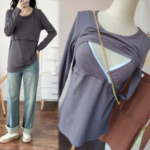 Nursing Tank Top Long Sleeve Breastfeeding Shirt Home Clothes Postpartum Maternity Cotton round Neck T-Shirt with Chest Pad