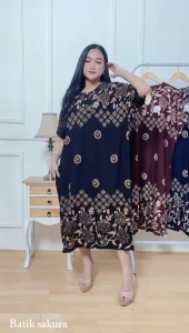 Daster Jumbo LD 140 Erina Motif Printing Batik Sakura Pekalongan Baju Dress Piyama Rayon Panjang Wanita Dewasa Bumil Busui Friendly Kancing Bunga