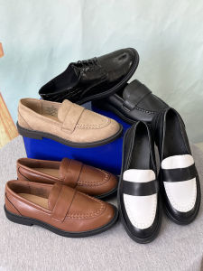 Fashionable Low-Heel Ladies Slip-On Loafers Large Size Casual round Toe Leather Upgraded Rubber Outsole Solid Color Leisure Shoes