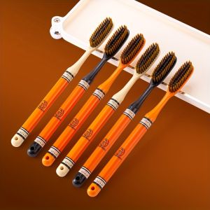 6-Pack of Accessible Luxury Long-Head Household Wide-Head Adult Ultra-Fine Soft-Bristled Toothbrush with Enlarged and Longed Couple Home Decoration Printed Handle to Care for Gums Filament Efficient Clean Fashion Design Non-Slip Brush Handle