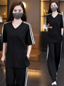 Ice Silk Leisure Sports Suit Womens Short Sleeved Coat 2024 Summer New Arrival Loose Slim Looking Loose Pants Two-piece Set