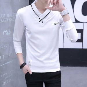 White Long Sleeve V-Neck Mens T-Shirt Slim Fit Pure Color Autumn Base Shirt Fashionable Youthful Printed Cotton Crew Neck