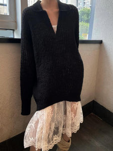 Black Mid-Length V-Neck Knitted Sweater Lace Embroidery Strap Dress Set for Women Autumn Season Fashionable Two-Piece Outfit