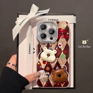 Cartoon Bear Diamond Grid  17Pro Max Full Cover Shockproof Creative Fashion Womens Case  16Pro Popular Internet plus