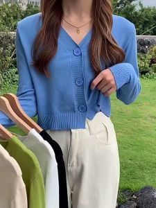 Sweet style loose one-button v-neck knitted long-sleeved cardigan jacket