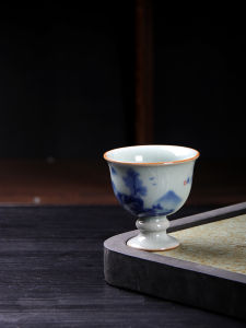 Retro Chinese Style Blue And White Porcelain Tea Cup with Peach Design High Footed Cup Single Piece from Dehua County