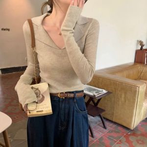Fashionable Korean Style Polo Neck Long Sleeve Knitted Slim Fit Base Shirt Womens Trendy Top Casual Soft Breathable