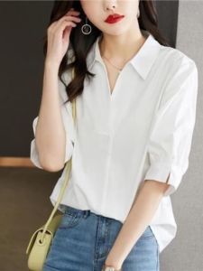 Spring Summer New Design Slimming Meat Covering Womens Shirt Loose Fashionable mid Sleeve White Polo Collar Button up Top