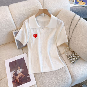 Elegant Embroidered Short Sleeve Knitted Polo Shirt Womens Slim Fit Fashionable Korean Style Small Top for Younger Look