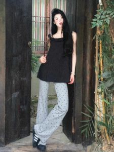 กางเกงกีฬาลำลองเอวสูงขาบานลายจุดสีเทาสำหรับผู้หญิง กางเกงโยคะทรงบาง กางเกงขายาวสไตล์เกาหลี กางเกงขายาวทรงเข้ารูป