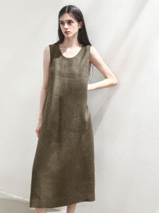 Miccbeirn | Pure Hanflax Sleeveless A-Line Dress Simple Elegant Commute Versatile Solid Color Vest Dress Slimming Long Skirt