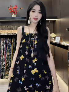 Summer 2025 New Style Beach Vacation Floral Print off Shoulder Sleeveless Loose Slimming Long Dress Casual High Waist Satin Polyester