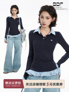 Blue Polo Collar Layered Long Sleeve Womens T-shirt Slim Fit Spring 2025 New Style Floral Edge Korean Version Online Exclusive