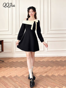 Chic French Style Off-Shoulder Long Sleeve Black Dress Womens Slimming Waist Design Autumn Fashion Small Size Dress