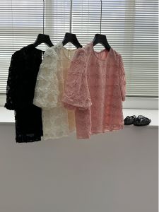 Chic Bubble Sleeve T-Shirt Womens Lace Decoration Casual Sweet Style Polyester Short Sleeve round Neck Top Summer Fashion