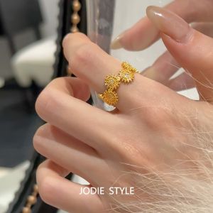 Exquisite 14K Gold Open Ring for Women Luxury Vintage Court Style Lace Design Brass Finger Ring Fashionable Korean Style Jewelry