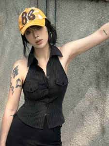 BINKAFENNY | Elegant Black Stripe Polo Neck Sleeveless Strap Vest Women Summer Waist Cinch Backless Stylish Super Beautiful Top