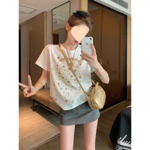 Áo Thun Tay Ngắn Thêu Màu Trắng Cho Nữ Mùa Hè 2025 Dáng Rộng Thoải Mái Chất Liệu Cotton Pha Trộn Cổ Tròn in Họa Tiết