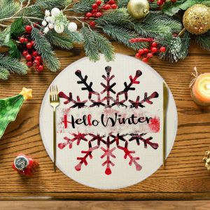 VIKAMA Green Cartoon Snowman Round Placemat Olive Background Carrot Nose Plaid Scarf Snowflake Christmas Table Mat Decor Soft