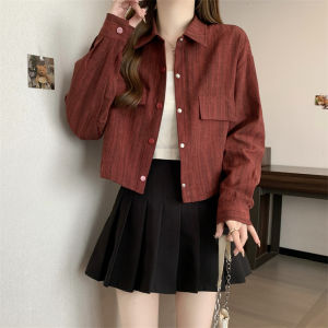 เสื้อเชิ้ตแขนยาวลายทางไซส์ใหญ่สำหรับผู้หญิง ทรงหลวม ดีไซน์เก๋ไก๋ ทรงสั้น ฤดูใบไม้ผลิและฤดูใบไม้ร่วง