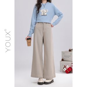 YOUXIANG | Quần Jeans Cao Bụng Lót Nỉ Phong Cách Retro