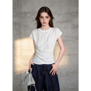 PIAOYA | Waist-cinching Short-sleeve Feminine Elegant T-shirt Slim Wrinkled Design Regular Shoulder T-shirt
