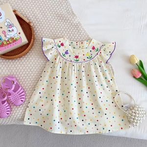 🇹🇭ชุดเดรสลายจุด เด็กผู้หญิง งานปักดอกทิวลิป พร้อมส่งไปยังชุดเด็กน่ารัก 🌸