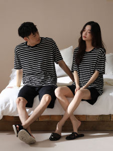 ชุดนอนผ้าโมดอลสองชิ้นสำหรับคู่รัก แขนสั้น ลำลอง ฤดูร้อน ชุดนอนผ้าฝ้ายผสมสำหรับใส่อยู่บ้าน ผ้าฝ้ายผสม ลายทาง คอกลม