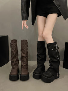 High Tube Boots Women Thick Base Heightening 2025 Spring Autumn New Style Platforms Buckle Plain Color round Head Rubber Sole