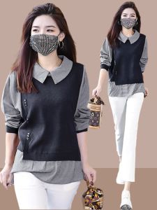 Fashionable Base Layer Mommy Style Shirt Midlife Womens Fashion Fake Two-Piece Top Spring Autumn Anti-Aging Striped Long Sleeve Loose Fit