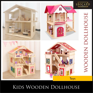 Kids Wooden Dollhouse For Boys Girls Pretend Play Toys Furniture Set Kit