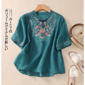 LUCKIN STORE Phụ nữ hàng đầu Tay áo ngắn thêu Phụ nữ mùa hè Slim T-shirt 2026 Áo sơ mi mới cộng với kích thước hàng đầu Cotton Women's Top Blouse Women Quần áo năm mới 2026 Hanfu women chinese  Cô gái áo đỏ cny top. 
