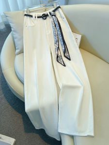 La Chapelle High Waist Wide Leg Denim Pants Womens Early Autumn 2025 New Style Belted Silk Scarf Waistband Draped Straight Leg Jeans