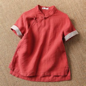 Chinese Retro Red Collar Qipao Shirt Cotton Linen
