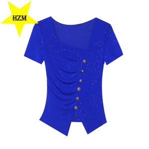 HZM เสื้อยืดแขนสั้นสำหรับผู้หญิงเสื้อยืดดีไซน์ดั้งเดิมใหม่เข้ารูปคอเหลี่ยมเล็กเข้าชุดสไตล์ต่างประเทศ2023