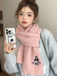 Miiow | Thickened Knitted Pink Embroidery Scarf Womens Winter Fashion Korean Style Warm Neck Warmer MiiOW Cat Person Brand