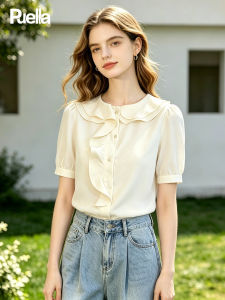 puella | Áo Blouse Giảm Cân Mới Mùa Hè Vải Lụa Pháp Có Sọc
