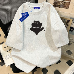 Wassupuosne Minimalist Creative Cat Printing Short Sleeve T-shirt Mens Summer New Arrival Loose Half Sleeve Couples Tops