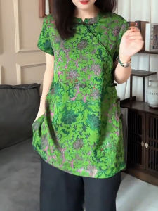 UYFY | เสื้อเชิ้ตแขนสั้นสีเขียวสไตล์จีนใหม่สำหรับผู้หญิง เสื้อเชิ้ตแขนสั้นสไตล์ย้อนยุคแบบหนักและหรูหรา ทรงหลวม สไตล์ฤดูร้อน 2025