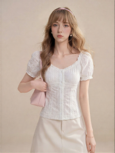 QIAOJIAOYA | Lace Border Short Sleeve Blouse Slim Fit