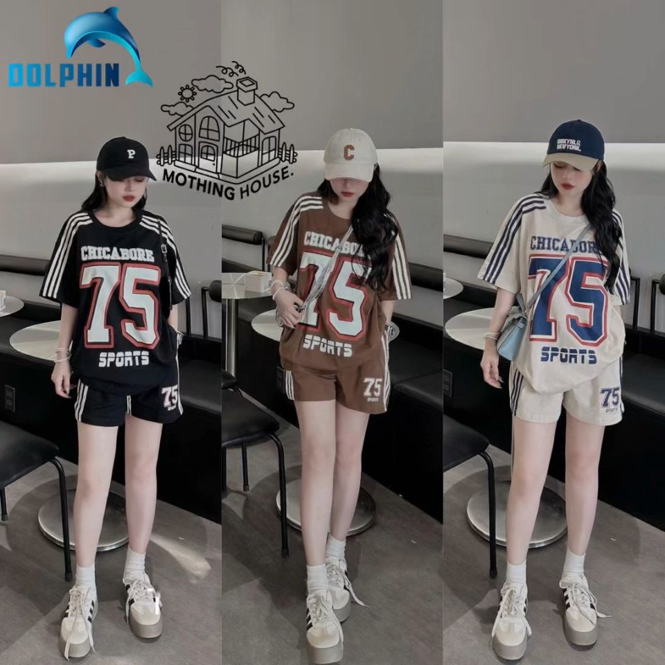 American casual suit summer new loose letter short sleeved shorts student sports two-piece set for age reduction