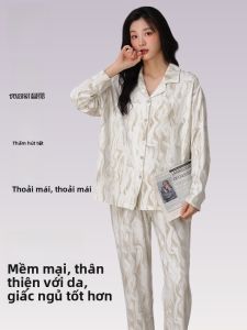 MiiOW | Bộ đồ ngủ cotton nguyên chất MiiOW dành cho nữ mùa xuân 2025 Bộ đồ mặc nhà thoải mái thoáng khí thấm hút ẩm quần dài tay cổ bẻ nhỏ