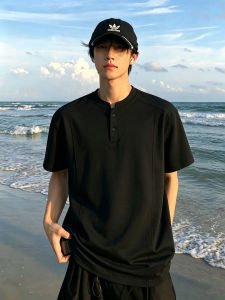 ZHUOCAN | American Style Regular Fit Shoulder Henry Collar Short Sleeve Summer Boxy Deconstructed Splice Youthful T-Shirt