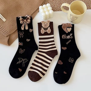 Autumn and Winter Socks Womens Tube Socks Easiest for Match Black Stockings Feather Yarn Stuffed Bear Socks K-style Pure Cotton Ins Fashion