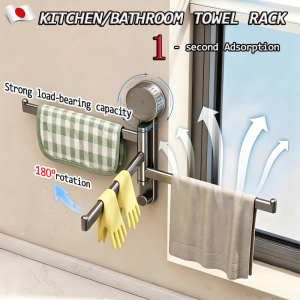 Vacuum Adsorption Kitchen Towel Rack Wall Mounted Suction Cup 180 Design Rotate Towel Holder For Bathroom 3 Bar Minimalist No Drill Drain Rack Strong Suction High Hardness ABS Drain Water Prevent Odor Bacteria Towel Rack Kitchen Accesries Organizer
